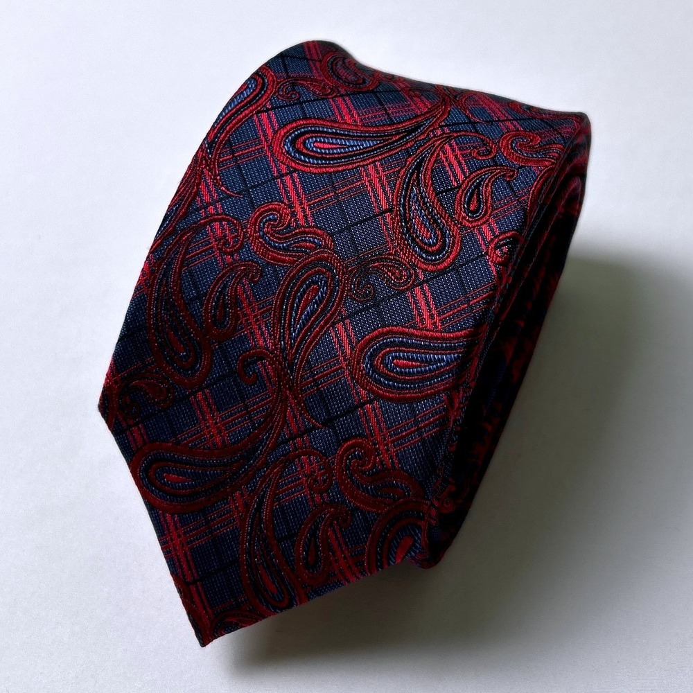 Pronto Uomo Mens Paisley Plaid Silk Hand Made Necktie OS Navy Red Formal Office